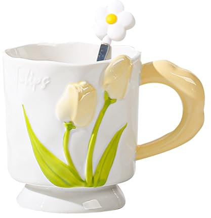 Jarsense 400ml Ceramic Mug Stereo Tulip Mug Ceramic Mug with Handle Ceramic Mug with Spoon Mug Creative Water Mug Milk Mug Coffee Mug(Yellow)