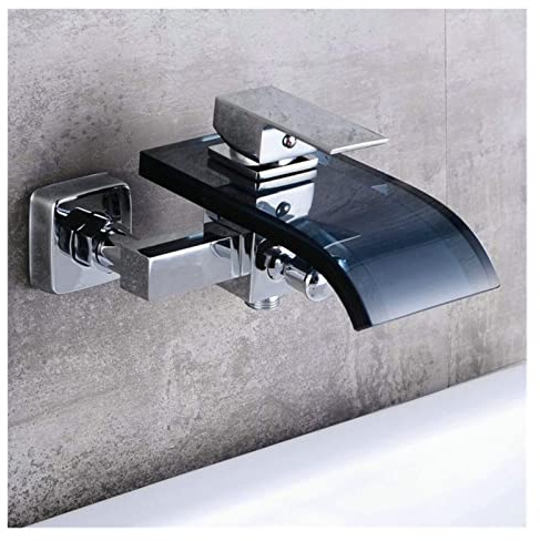 MFQJJRRMI Waterfall Black Glass and Chrome Brass Faucet Wall Mounted Bathtub Faucet Single Handle Basin Tap LH-8001(Lh8001)