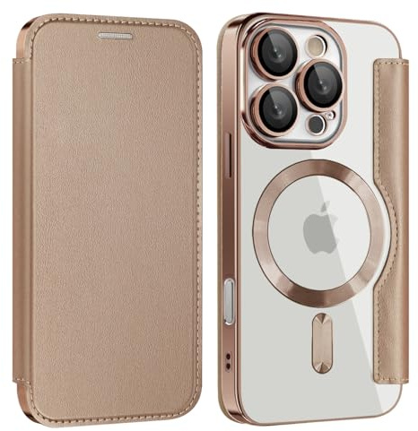 Unichthy Magnetic Flip Case for iPhone 16 Pro Clear Cover |RFID Blocking| Wallet Purse Shockproof Leather Stand Cover Individual Protection for Each Lens Phone Skin for iPhone 16 Pro Desert Gold