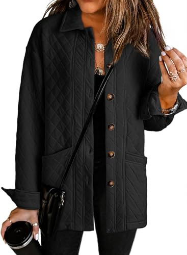 Dokotoo Spring Jackets for Women Fashion Casual Quilted Jackets Boyfriend Collared Long Sleeve Button Down Shirts Oversized Jacket Coats Outwear Black Jackets Womens Winter Clothing XL