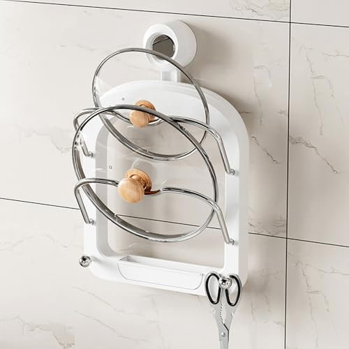 Hanging Pot Lid Holder for Cabinet, Hanging Pot Lid Rack, Pot Lid Organizer, Suction Cup Wall Mounted Pot Lid Holder, Pot Lid Organizer Rack, No Drilling Pot Lid Rack for Kitchen Organizer (White)