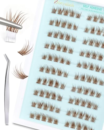 Obeyalash Pre Glued Lashes Cluster Brown Self Adhesive Eyelashes Individual Eyeslash Extensions Kit C Curl 9mm 11mm 12mm Press on Lash Clusters Natural No Glue Needed Lashes with Tweezers (BR-10)
