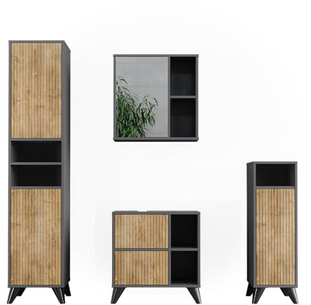 Vicco Badmöbel-Set Leano, Anthrazit/Bergeiche, 60 cm | besteht aus Waschbeckenunterschrank, Spiegelschrank, Hochschrank und Midischrank