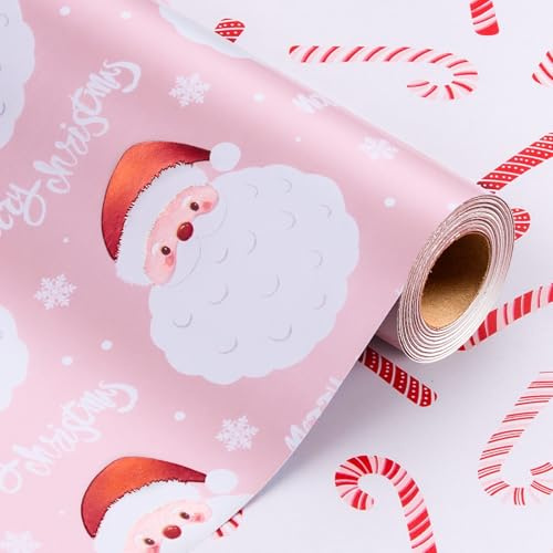 Wikadlik Weihnachts-Geschenkpapierrolle – niedliches Baby-Weihnachtsmann- und Zuckerstangen-Design, rosa Geschenkpapier – 43 cm x 10 m