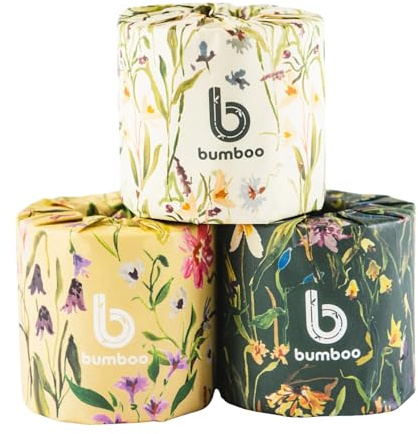 Bumboo Bamboo Toilet Roll 48 Pack | Wildflower Edition Wrapped Toilet Paper 3 ply, 300 Sheets | Eco Friendly Toilet Paper Bulk | Plastic-Free, Soft, Strong, Sustainable & Biodegradable Loo Roll