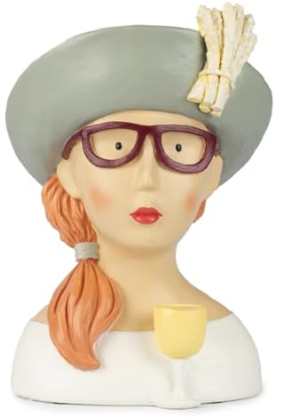 ETC Baden Import Ladykopf - Testa decorativa da donna con treccia e grande cappello con asparagi e bicchiere da vino