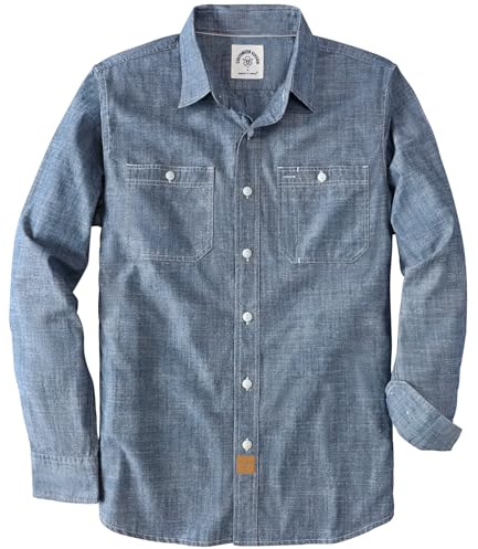 Dubinik Chambray skjorta män långärmad bomullsarbetströjor med 2 fickor casual button down, Denim blå, L (tall)