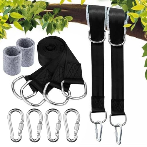 4 Stück Schaukel Befestigung - 2 Stück 150cm x 5 cm Hängematte Befestigung 2er 50cm x 2.5 cm, Hängematte Aufhängung Hängesessel aus Reißfestem Aufhängung Gurt Kit 2 Baumschutz Polster 4 Karabinern