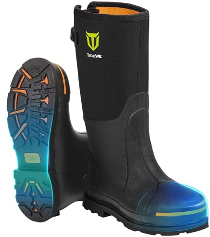 TIDEWE Rubber Work Boot for Men with Steel Toe & Shank, Waterproof Anti Slip Hunting Boot, 6mm Neoprene Hunting Boot for Manufacturing, Construction, Farming, Black, Size 11