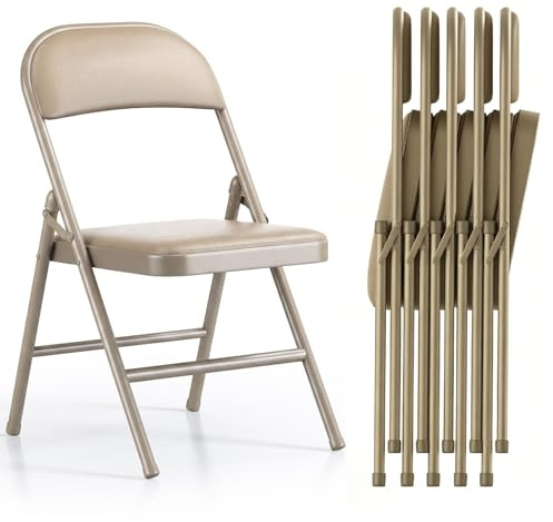 Asdsed Lot de 6 Chaises Pliantes Rembourrées, Charge 158 kg, Cadre en Acier, Simili Cuir PU, Pliable Gain de Place, sans Montage, pour Salon, Salle à Manger, Camping, Jardin, Réception, Kaki