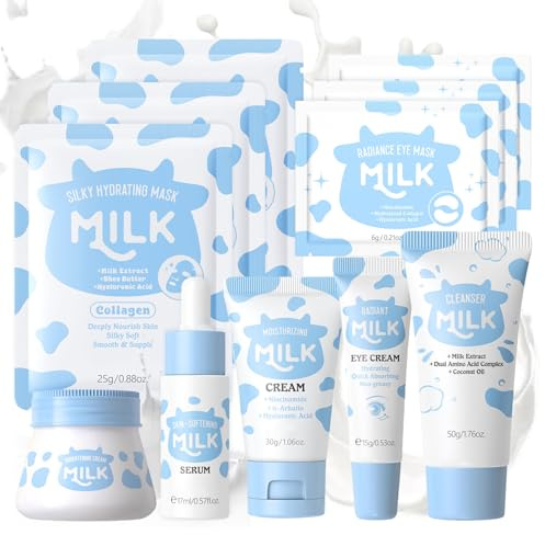 Milch Skincare Set 11pcs, Tiefe Feuchtigkeit Korean Skincare Set, Geschenke für Teenager Mädchen, Pflegeset Damen mit Serum, Augencreme, Mask, Face Cream, Reiniger, Makeup Cream