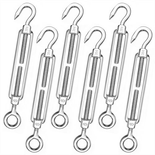 Rope Tensioner M6 Stainless Steel Turnbuckles Adjustable Hook and Eye Tensioners for Wire Ropes, Cables, Chains, Garden Fencing, Shade Sails, Hanging Wires 6 Pcs