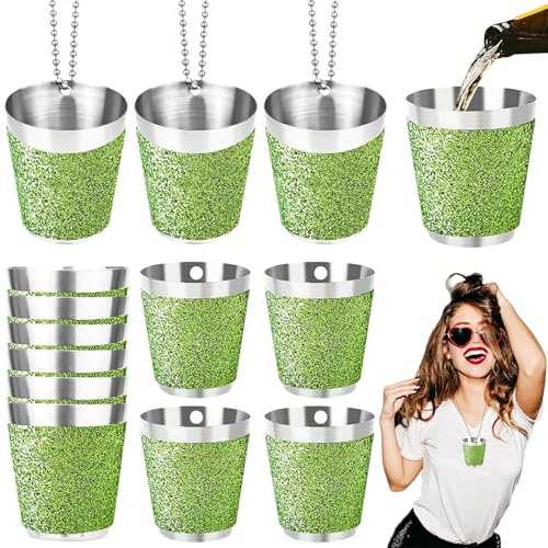 Begpoee 12 Stück Schnapsglas Edelstahl 30ml, Shot Becher Metall zum Umhängen, Schnapsbecher mit Kette, Für Hochzeitsfeiern Karneval Geburtstagsfeier Bachelorette Party(4,2 x 3,7 cm, Grün + Silber)