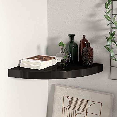 Mokuyary Flytande hörnhylla svart 35 x 35 x 3,8 cm MDF hängande hörndisplayhylla för vardagsrum kök sovrum