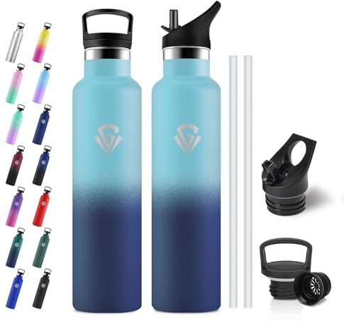 JAPORIA Bouteille Isotherme 1L, Gourde Inox avec Paille, Étanche, Gourde Acier Inoxydable à Double Paroi Isolée pour Adultes, Sport, Voyage, École, Cyclisme