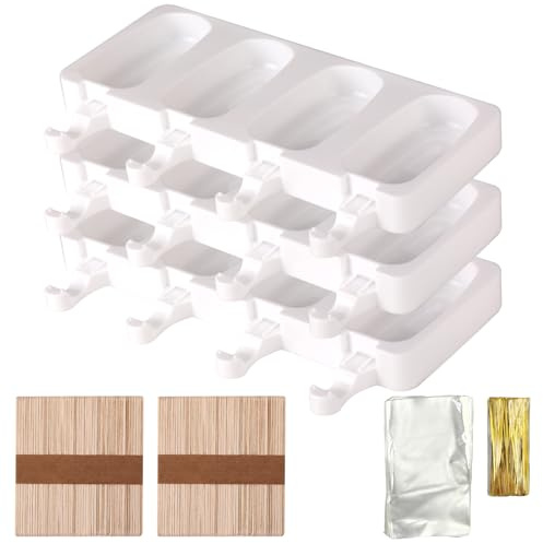 Atsmoce® Eisformen Silikon, 3 Stück Eis Am Stiel Formen, Antihaftend DIY Popsicle Molds Set, BPA-Freie, mit 100 Holzstielen, 100 OPP-Beutel und Verschlussstreifen (A)