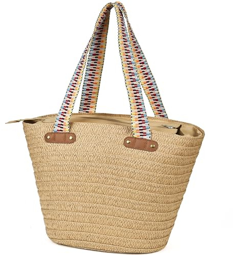 KESUDE Strohtasche Damen Strandtasche mit Reißverschluss Korbtasche Sommer Taschen Straw Bag große Shopper Schultertasche Umhängetasche für Urlaub Reise Strandtasche Damen