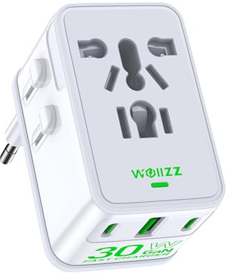 Adaptador de Viaje, Cargador Universal Mundial con Enchufe Europeo GAN 30W, 4 Puertos (1 AC, 1 USB-A, 2 USB-C), para USA, Europa, Reino Unido, Australia, Japón, Blanco