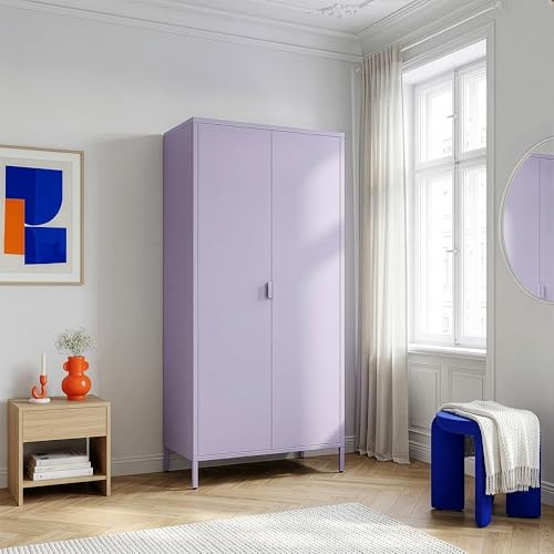 [en.casa] Kleiderschrank Esteli Garderobenschrank mit 2 Türen 170 x 80 x 45 cm Schlafzimmerschrank 2 Kleiderstangen 4 höhenverstellbare Einlegeböden Stahl Hellviolett