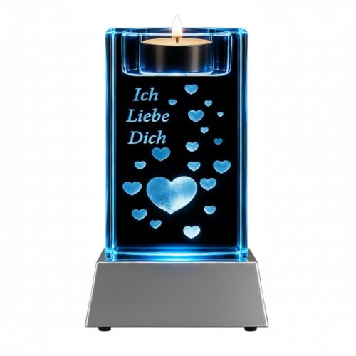 Kaltner Präsente Stimmungslicht Kristall Glasblock mit 3D Gravur/Ich Liebe Dich Geschenke für Frauen, Männer/Jahrestag Geschenk für Sie, Ihn/Gravur Herz/Teelichthalter