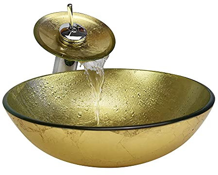 Homelava modernes Hartglas-Waschbecken mit Wasserfall-Wasserhahn, mit Abfluss und Montagering.
