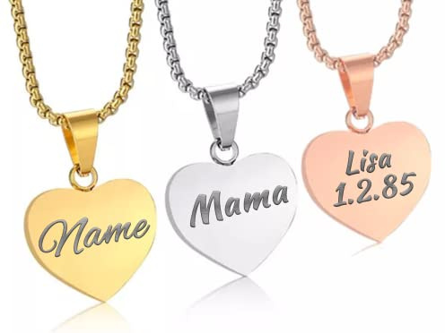 Herzkette mit Wunschgravur - Damen-Kette Namenskette mit Name oder Buchstaben - Amulett in Herzform - Personalisierte Edelstahl Kette Herz