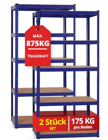 Stagecaptain Heavyrack HR-175 BU Sistema di 2 Scaffali in Metallo - Scaffalatura per magazzino - Scaffale per carichi pesanti - 875kg di capacità di Carico - 5 ripiani in legno regolabili - Blu
