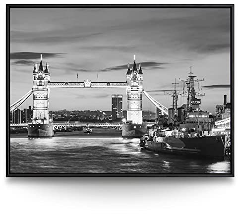 BilderKing Wandbild London Towerbridge schwarz/weiß - 200cm x 150cm Leinwand auf 2cm Keilrahmen mit Schattenfugenrahmen schwarz