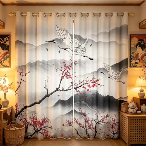 Cherry Blossom Trattamenti per finestre Gru Hokusai Pattern Tende per finestre per camera da letto Soggiorno per bambini Ragazzi Ragazze Adolescenti Giapponese Ukiyoe Tende per finestre in stile giap