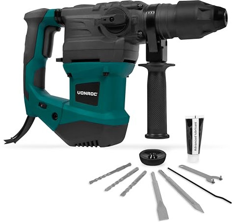 VONROC Martillo perforador 1500W - 6 Julios - Velocidad regulable - SDS plus - 4 funciones - Incl. brocas y cinceles