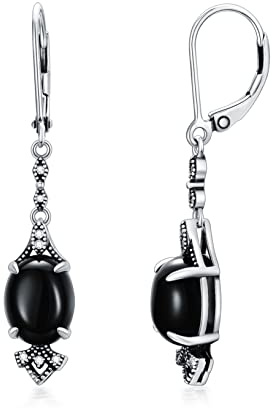Ohrringe Onyx Schwarz 925 Sterling Silber Vintage Dangle Drop Leverback Ohrhänger Oval 10mm Stein Achat Ohrringe für Frauen