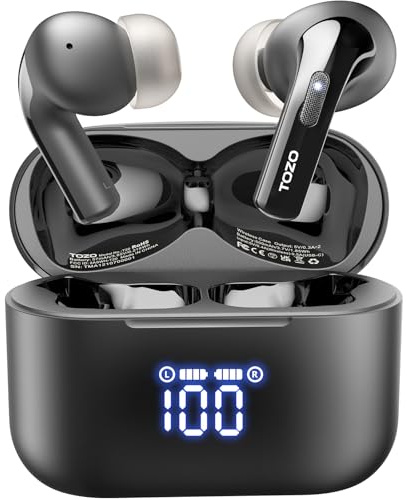TOZO T20 Bluetooth Kopfhörer Kabellos In-Ear Dual-Mic ENC Sport LED | IPX8 für Sport & Outdoor. Dual-Mic ENC für klare Anrufe. 32 EQ per App. Bequemer In-Ear Sitz für Alltag & Training-Schwarz