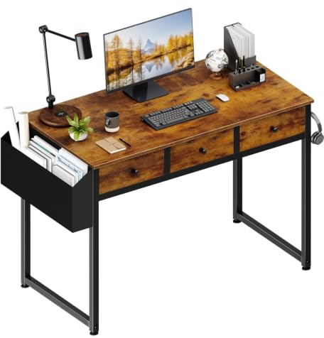 Lufeiya Escritorio pequeño de Oficina con cajones para Dormitorio, Escritorio de 100 cm con 3 cajones y Bolsa de Almacenamiento, Mesa de Estudio, Escritorio para computadora, Color marrón Vintage