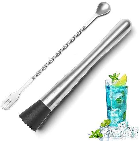 Lot de 2 cuillères à Cocktail, Pilon à Cocktail, cuillère à Cocktail en Acier Inoxydable, adaptées pour mélanger des Cocktails et des jus de Boissons, 25 cm