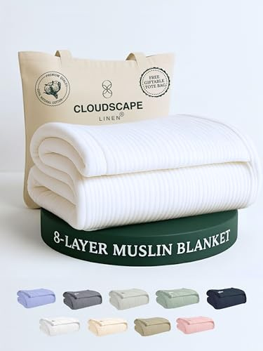 CLOUDSCAPE 8 Layer Muslin Blanket Queen Size for Adults - 100% Cotton Gauze Summer Blanket, 92x92 Fits Upto Full Size Bed - Heavyweight Muslin, Breathable Soft, All Season Spring - White