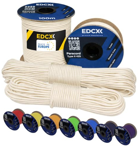 EdcX 3 mm Nylon Paracord 425 (15, 30, 50 and 100m) – 3 mm Type II, 100% Nylon Rope, 3 Strand Rope, 3 mm Nylon Rope in Many Colors (White, 15 m)