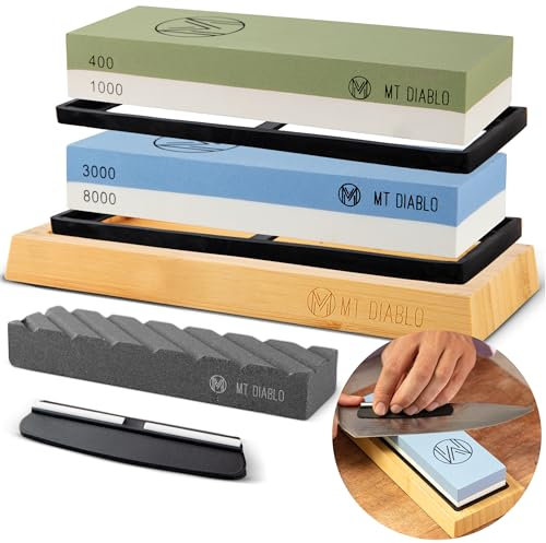 Mt Diablo Wet Stone Sharpening Kit - This whetstone sharpening kit includes 2 professional dual grit sharpening stones #400/#1000, #3000/#8000, flattening stone, bamboo base, and