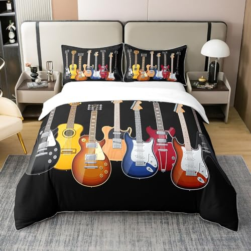 Loussiesd Gitarre gedruckt Bettbezug Set Teens Rockmusik Themen Bettwäsche Set 135x200cm 100% Baumwolle Für Kinder Buntes Musikmuster Betten Set Hip Hop Streifen Stil 2St