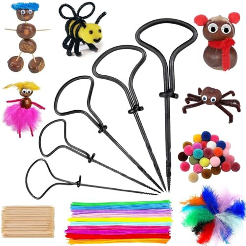 LXYYDS Kastanienbohrer Set, 495 PCS kastanienbohrer kinder, Kastanien Bastelset Kinder, 1,5-5 mm Bohrer Kastanien, Kastanien Basteln, mit Zahnstocher, Federn, Wackelaugen, Pompons, Pfeifenreiniger DIY
