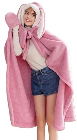 SASIGAYA Kuscheldecke mit Kapuze Tragbare Hasenohr Decke Geschenke für Damen Sofadecke Flauschig Kuscheldecke Sherpa Ärmeldecke TV-Decke Fleecedecke Weich Wohndecke Winterdecke Rosa 110×150 cm