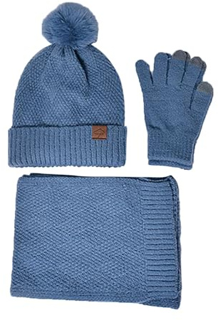 YCBMINGCAN 3 In 1 Damen Wolle Mütze,Schal & Handschuh Winter Sets,Warm Bommelmütze Winter Beanie Mütze Handschuhe Touchscreen Lang Schal Wärmer Mütze Schal Handschuhe Mütze Damen 3 In 1 Set