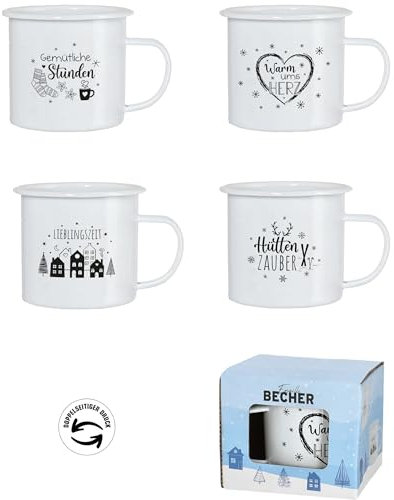 Geschenkestadl 4 Stück Set Becher Emaille Teetasse 450ml Wintertasse Kaffeebecher Metallbecher Wintermotive Weihnachten
