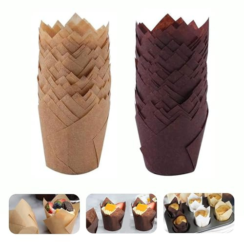 PLUSHCEWT Tulip - Pirottini per cupcake, 200 pezzi, in due colori, per muffin, per forno, feste, matrimoni, compleanni e occasioni speciali (marrone e giallo)