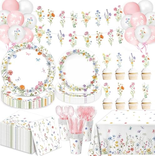 LINHAXM 175 PCS Spring Wildflower Party Decorations include Plates, Cups, Napkins, Cutlery, Cake Toppers, Banner, Tablecloth, Balloons for Floral Baby Shower Birthday Decorations, Serves 20