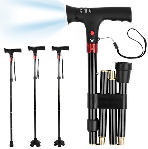 LINGTHIN Walking Stick 249 lbs Capacity, Height Adjustable Folding Walking Stick with LED Flashlight, Warning Light and Alarm, Walking Cane for Seniors and Adults.