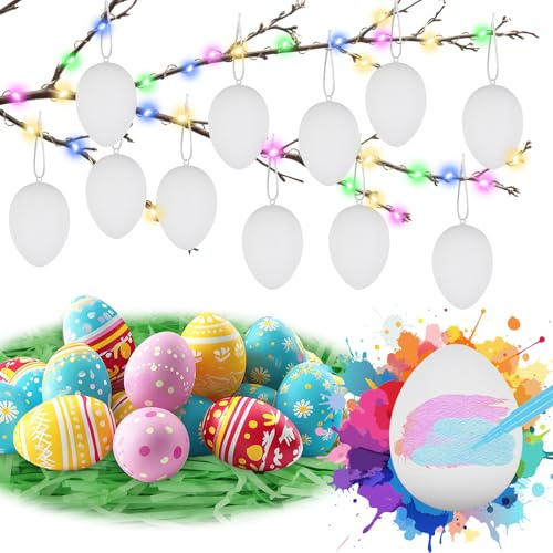 TUZELIYA 36 Weiße Ostereier mit LED Lichterkette und Geschreddertes Papier - Klassische Osterdekoration für Zweige und Ostergestecke - Ostern Basteln - 4 x 6 cm