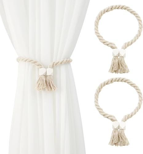 Venprodium 2 Pezzi Fermatenda, Ferma Tende Magnetici, Fermatenda per Tende in Cotone Intrecciato a Mano, Calamite per Tende in Legno Boho, Fermatende per Tenda per Finestra, Ufficio, Hotel (Beige)
