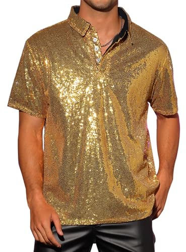 Felcia Herr Glitter Casual Vintage Toppar Kortärmad Nedfällbar Sparkle Sequins Skjorta 70-talet Disco Nattklubb Partykläder för män