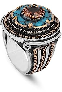 Jewellery Pit - Anello da uomo con Turchese e Pietra d'Ambra | Anello Ottomano Vintage in Argento 925 | Anello di Fidanzamento Inciso e Lucido Fatto a Mano con Panno di Pulizia in Argento (22)