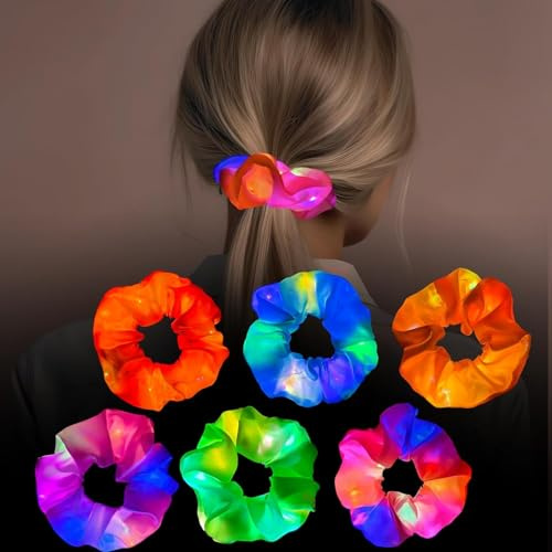 LED Scrunchies 6 Stück Leuchtende Haargummis Satin Leucht Haarschmuck Leuchten Haarbänder mit 3 Licht Modi für Frauen Mädchen, Halloween, Weihnachten, Neujahr, Kostümpartys